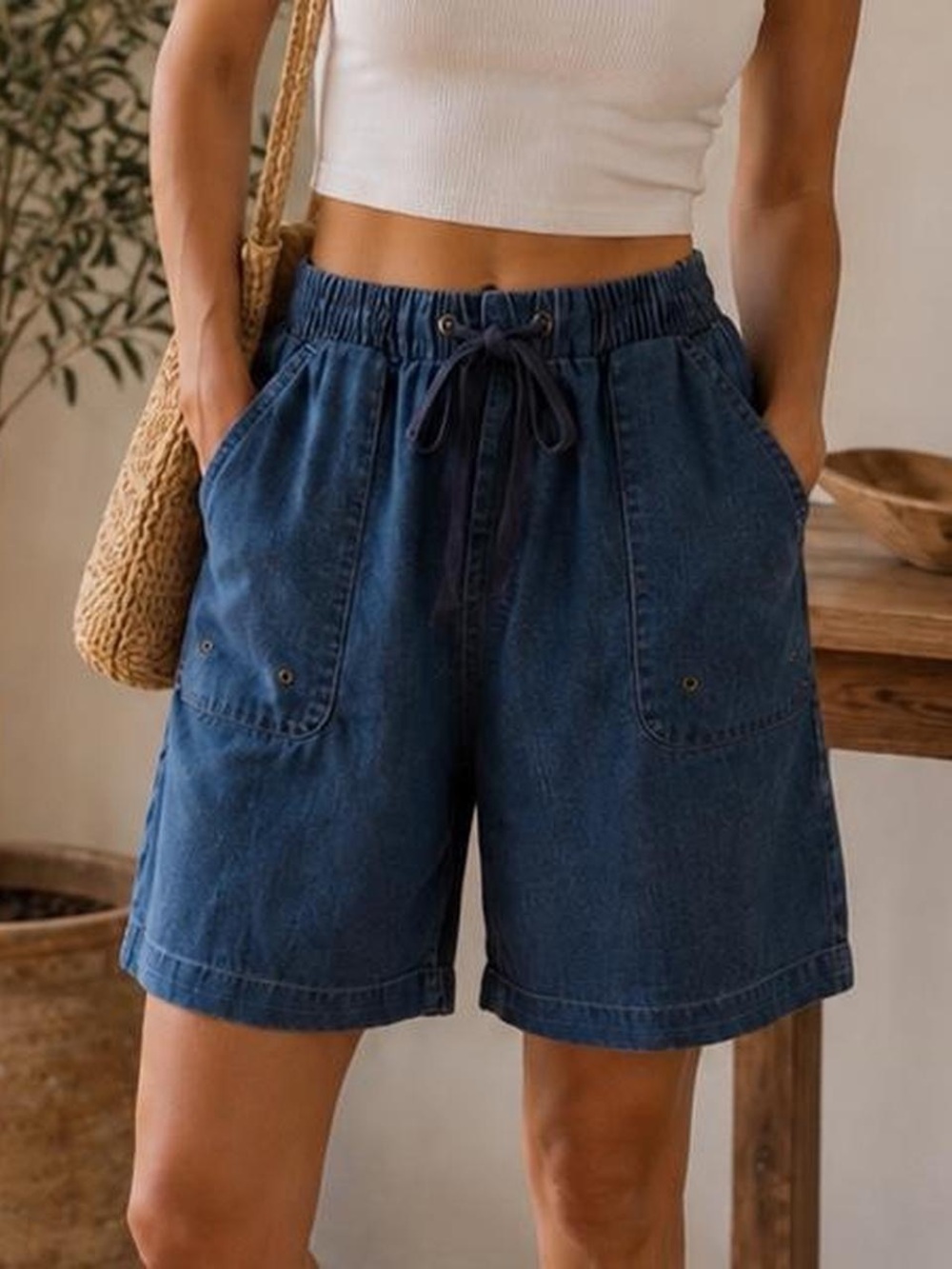 BonWorth Dark Blue Denim Drawstring Bermuda Shorts